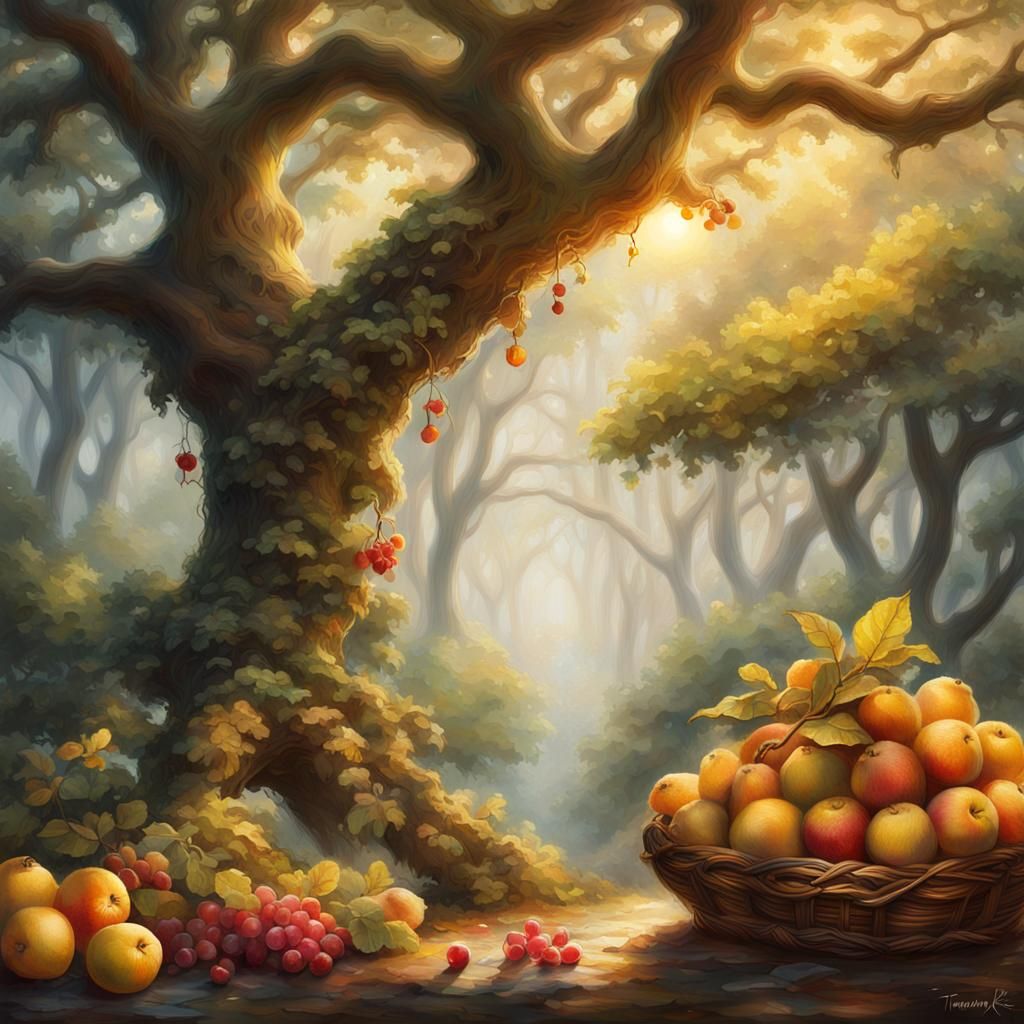 Oak Tree and Fruit Seller in Ethereal Style