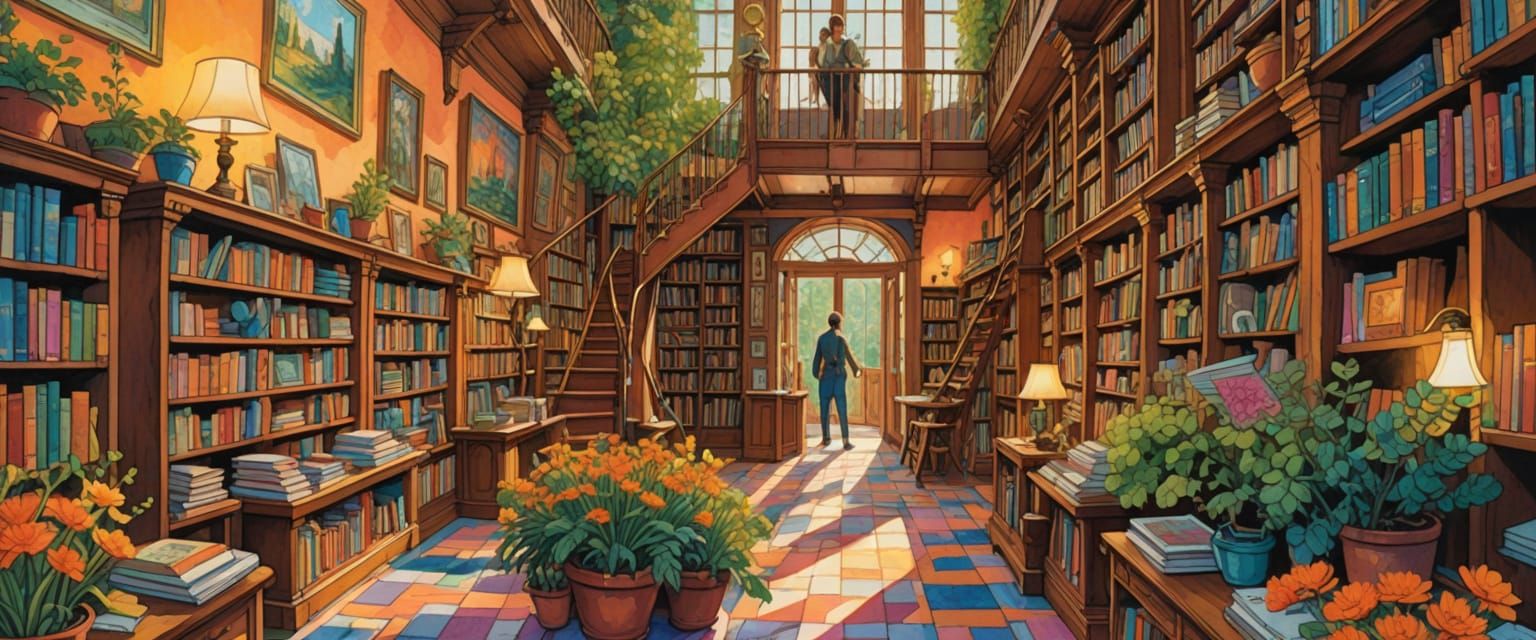 Whimsical Bookshop Paths in Comic Book Style