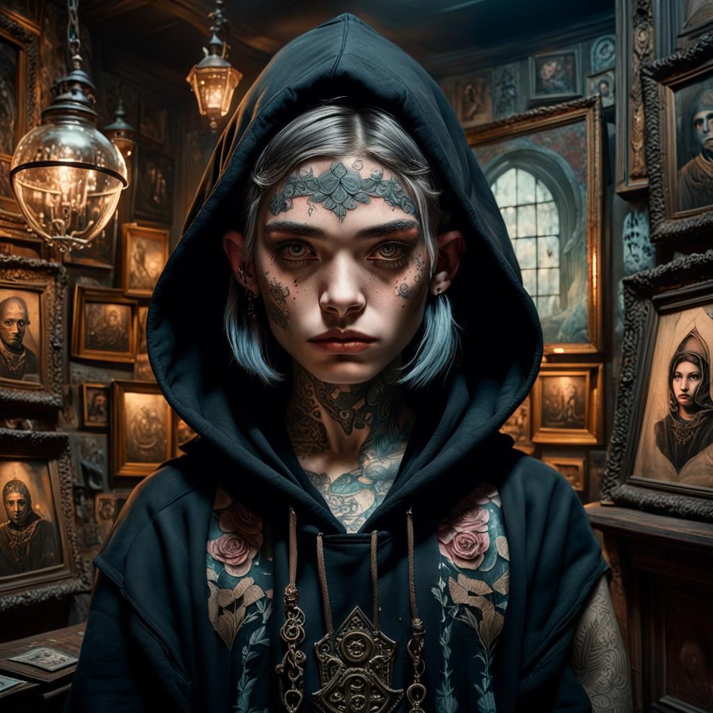 Dark Fantasy Portrait of Tattooed Woman in Antique Setting