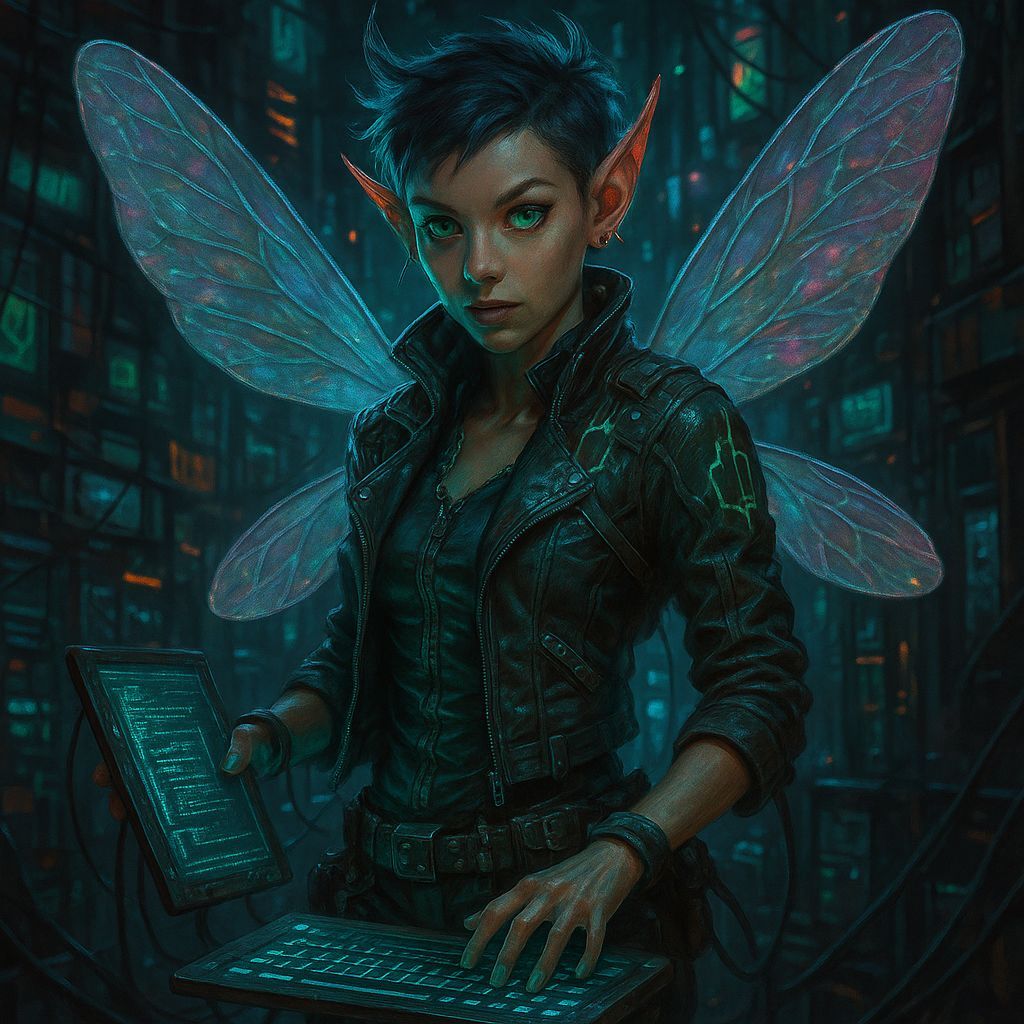 Surreal Cyberpunk Pixie Wields Magical Technology