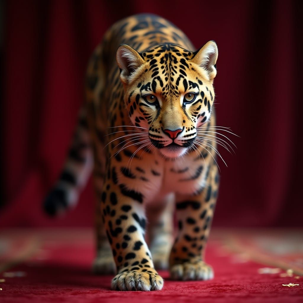 Majestic Amur Leopard Showcases Camouflage on Crimson Carpet