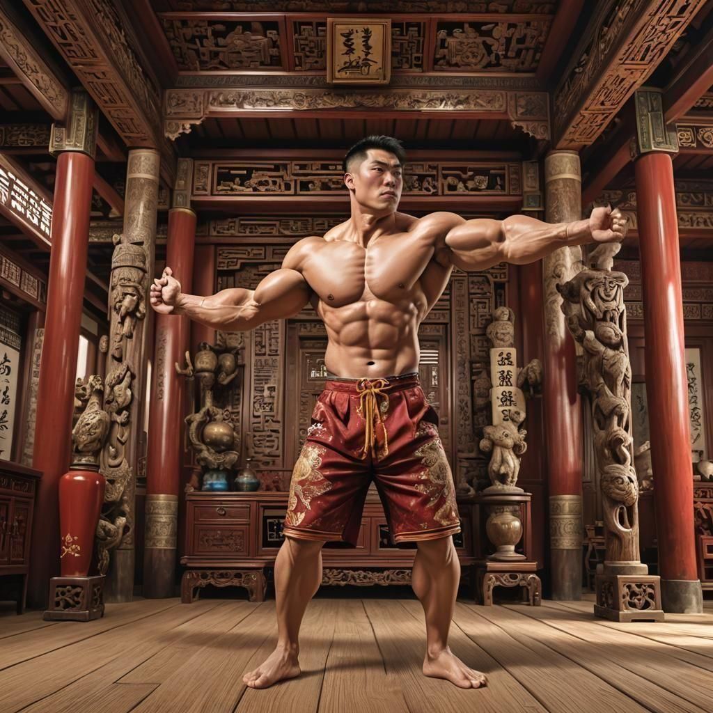 Colossal Bodybuilder Flexing in Traditional Chinese Room