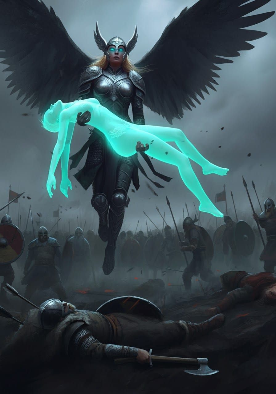 Valkyrie Carrying Spirit Above Battlefield