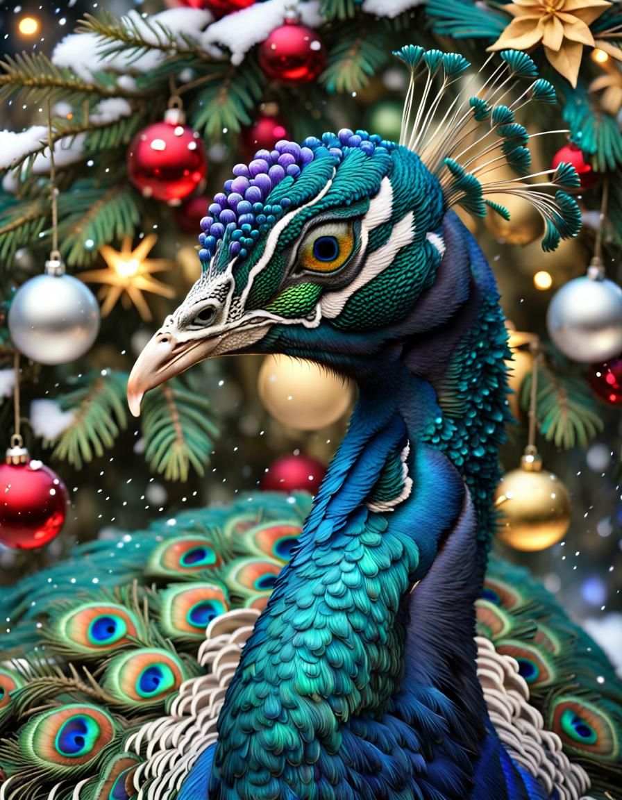 Festive Christmas Peacock in a Rainforest Fantasy