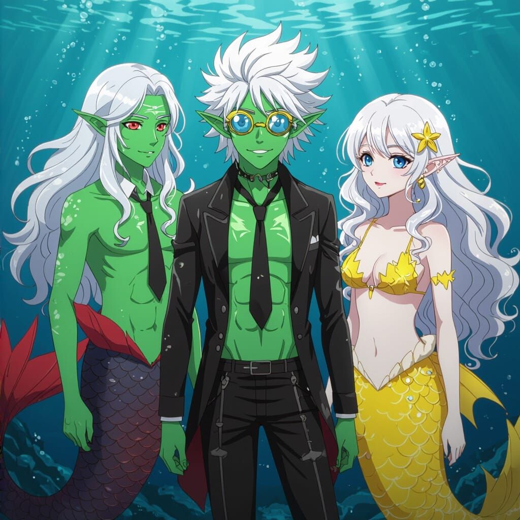 Anime Merfolk Trio with Mermaid Tails