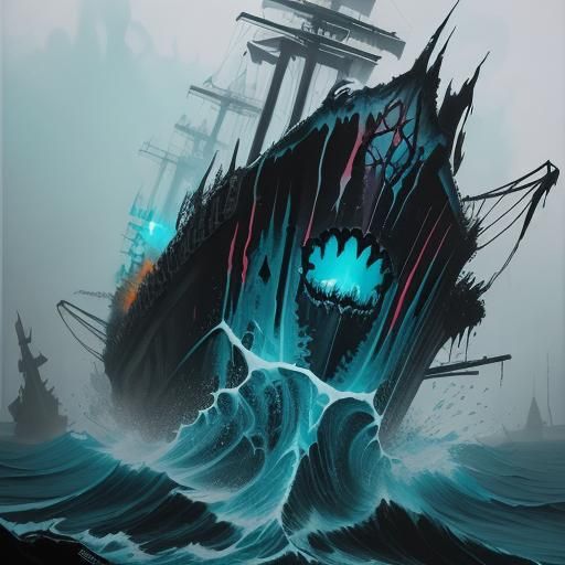 Chaotic Sea Abyssal Scene in Graffiti Art Style