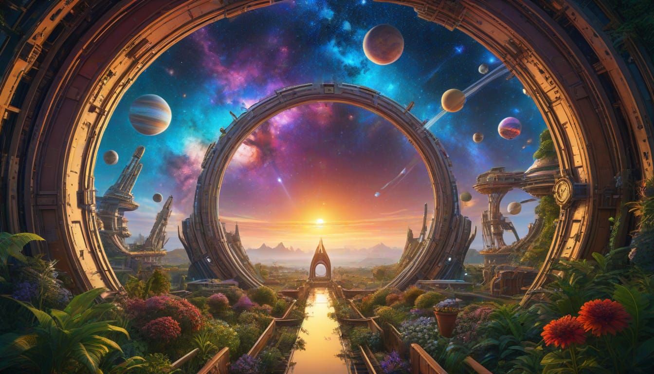 view through large portals of galactic ark fleet beautiful e...