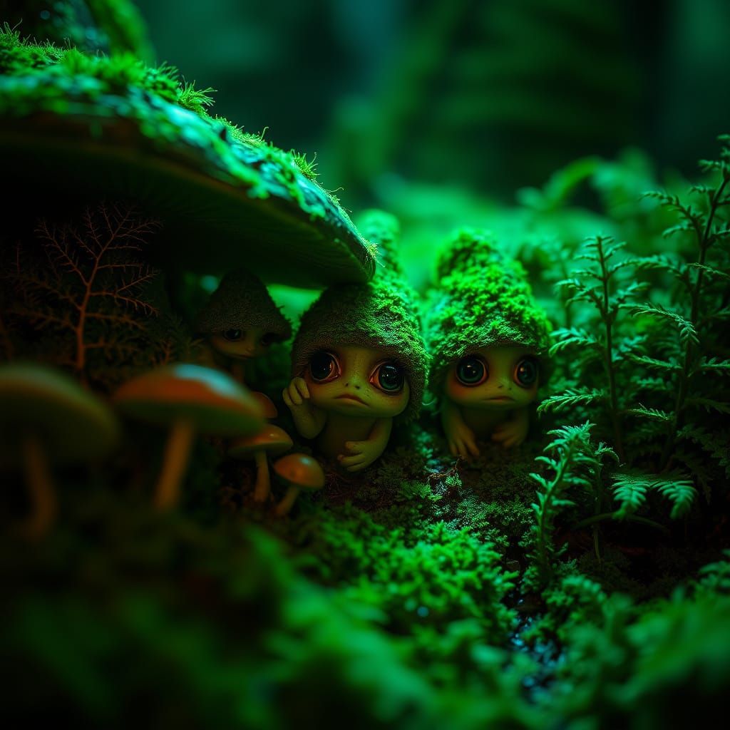 Gnomes Peeking Out from Mushroom Shadows in Ethereal Green L...