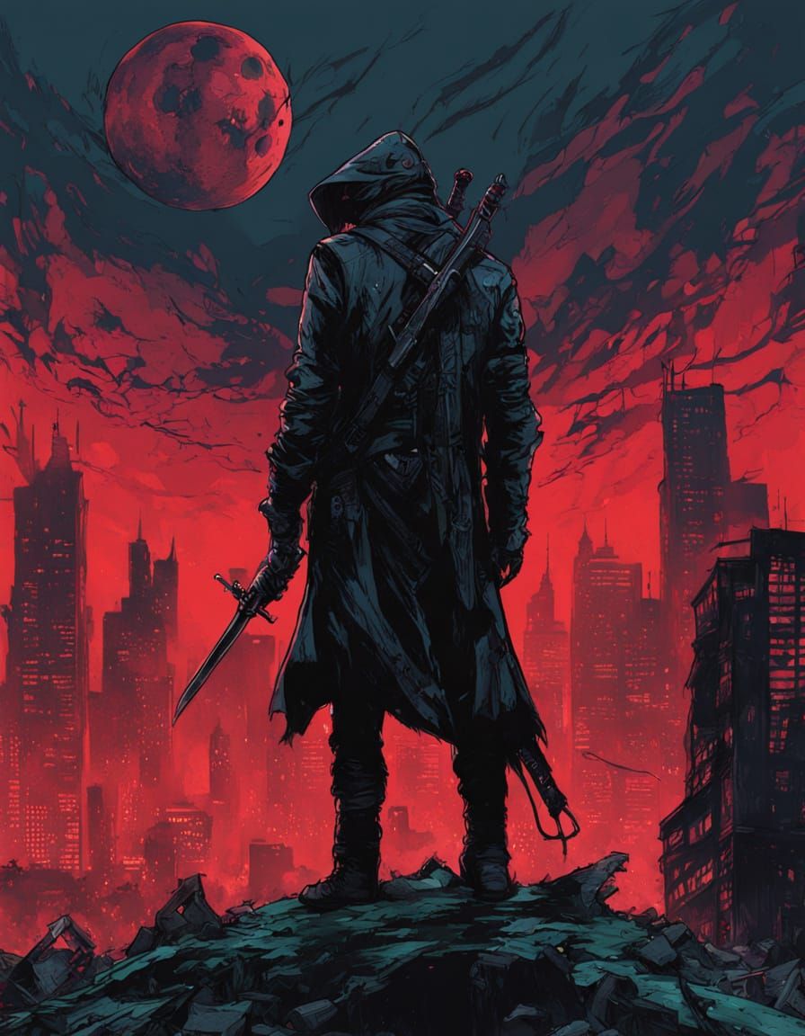 Cosmic Dark Fantasy Warrior Overlooks Apocalypse