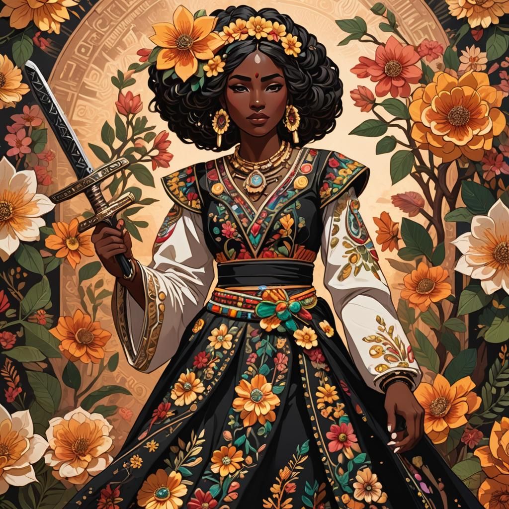 Latina Woman with Obsidian Sword in Anime Style