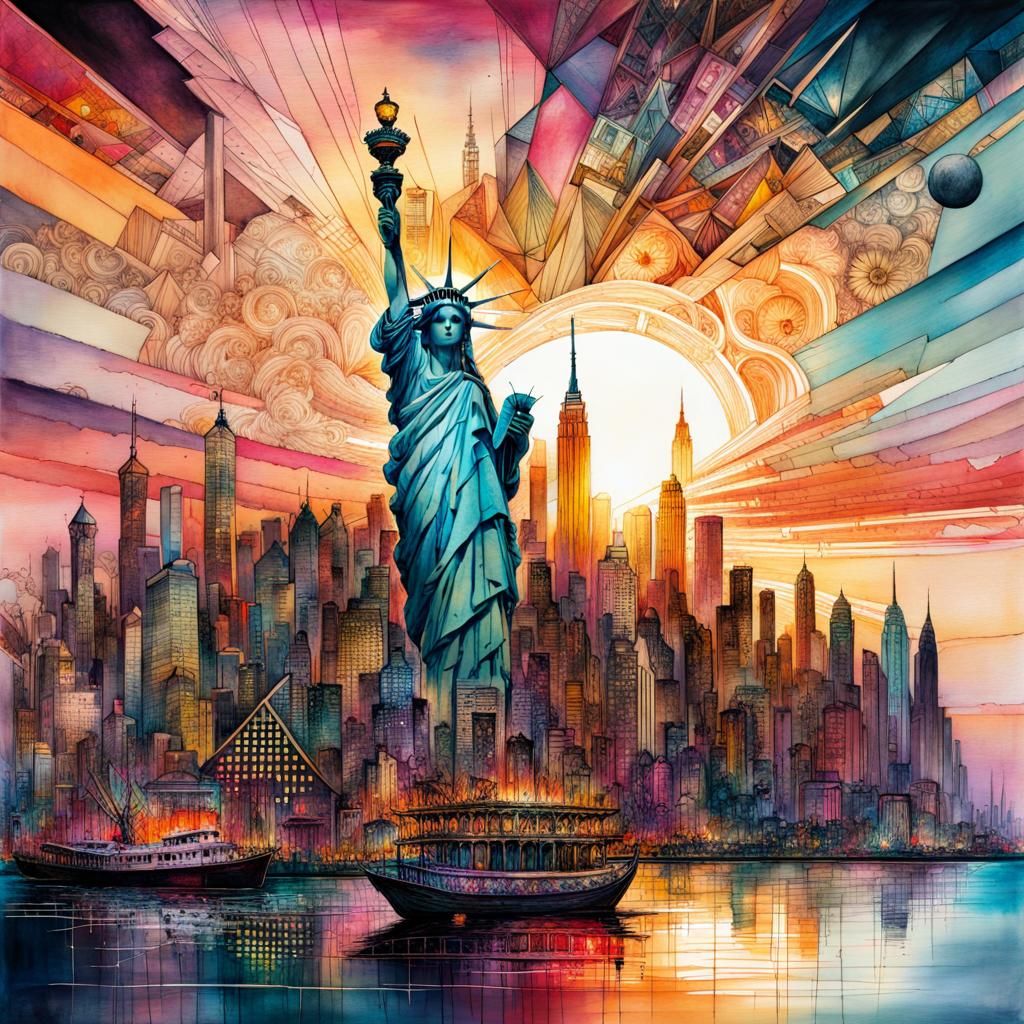 HyperMaximalist Manhattan Sunset in Cubist Style