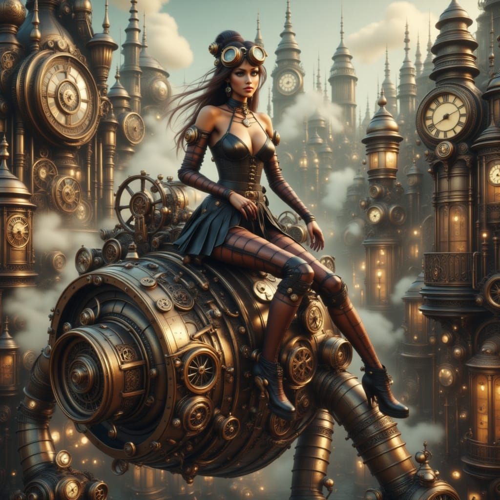 Steampunk Woman on Robot Humanoid in City