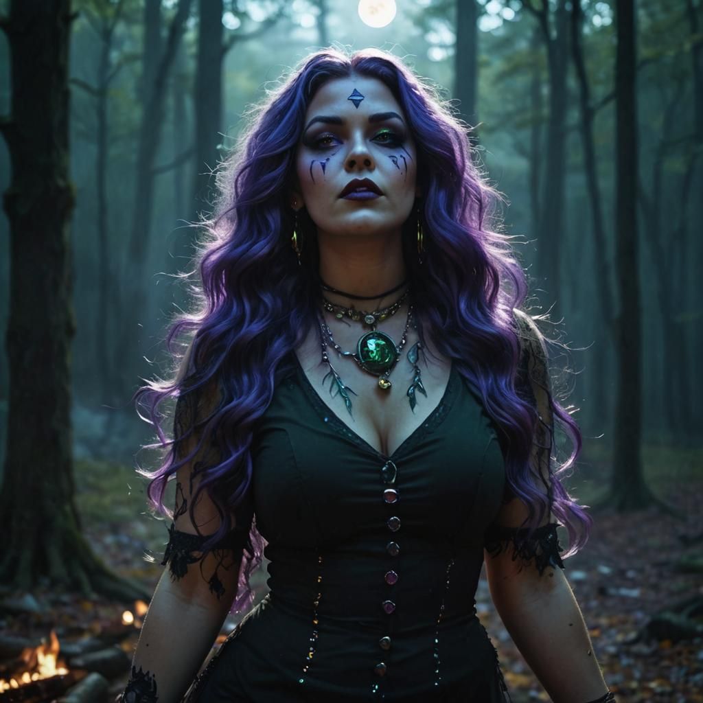 Curvy Witch Dances Amidst Autumn Forest Glow