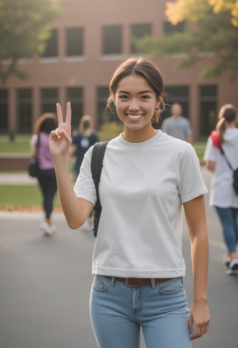 College Student Hanna Waving on Campus