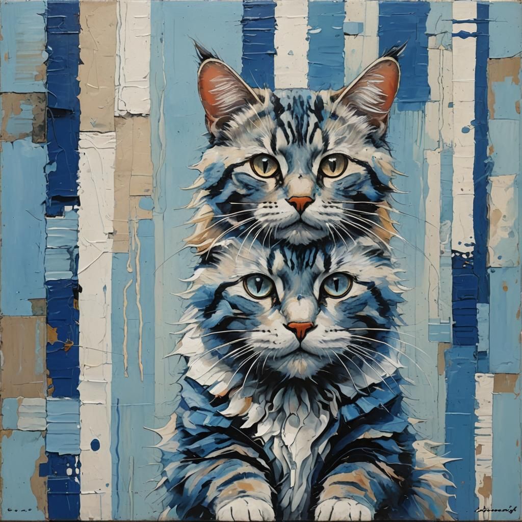 Abstract Acrylic Cat Painting with Blue Stripes