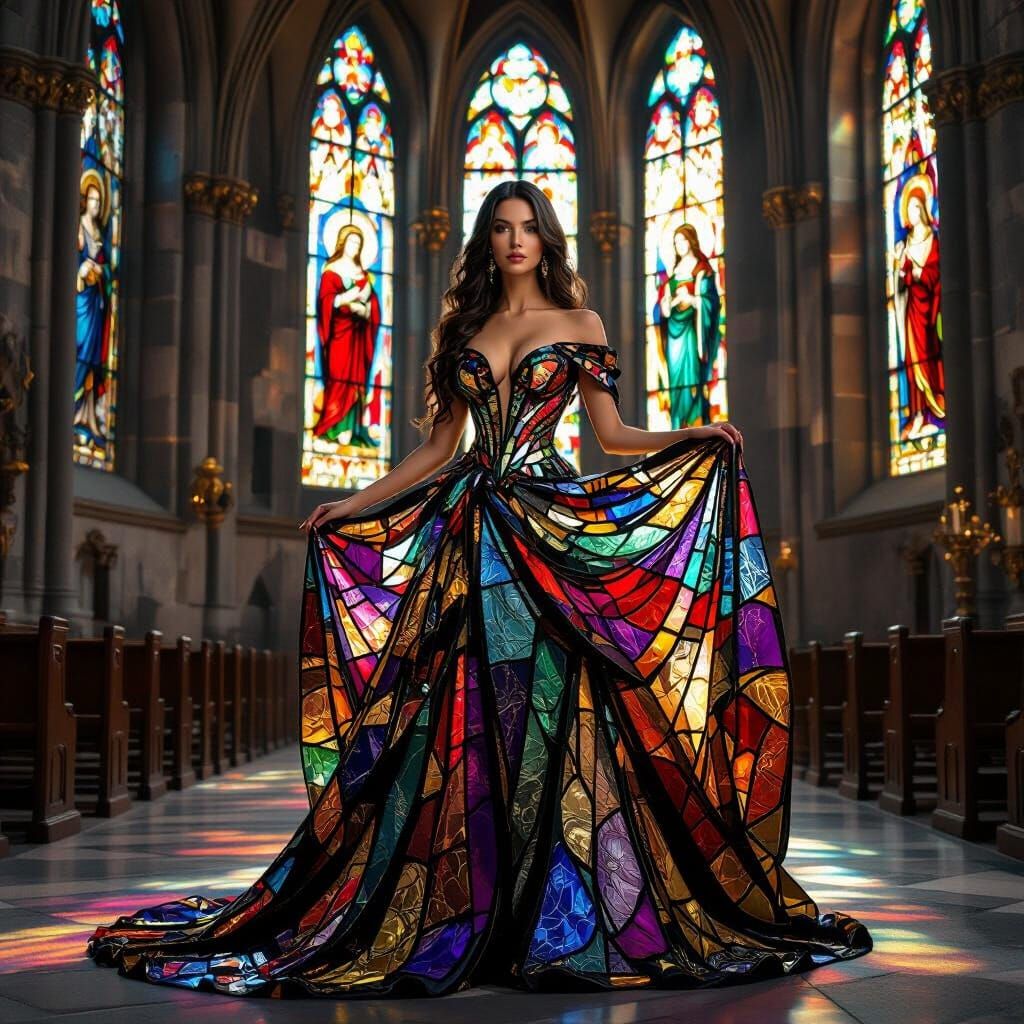 Woman in Stained Glass Gown in Medieval Church