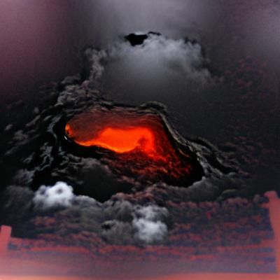 Erupting Volcano with Flowing Lava and Red Sky