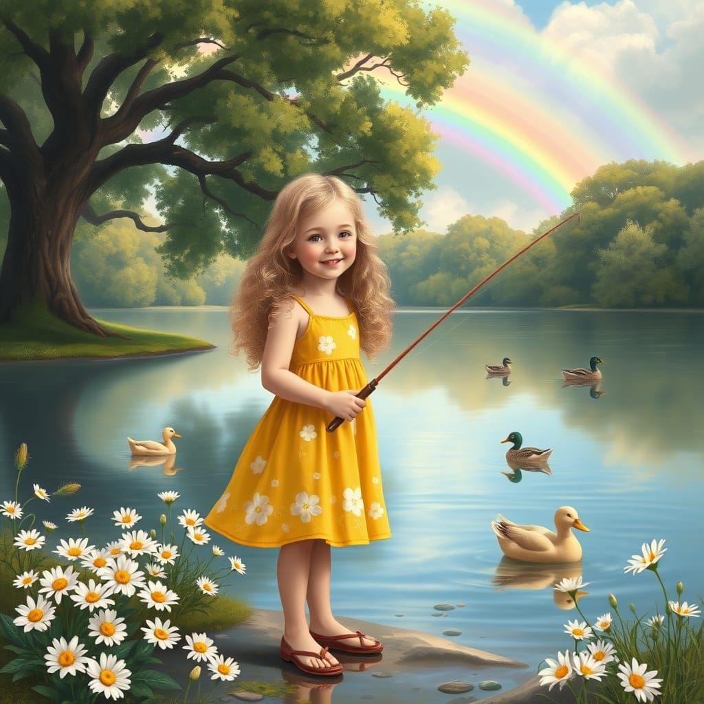 Blonde Girl Fishing in Whimsical Landscape with Rainbow and ...