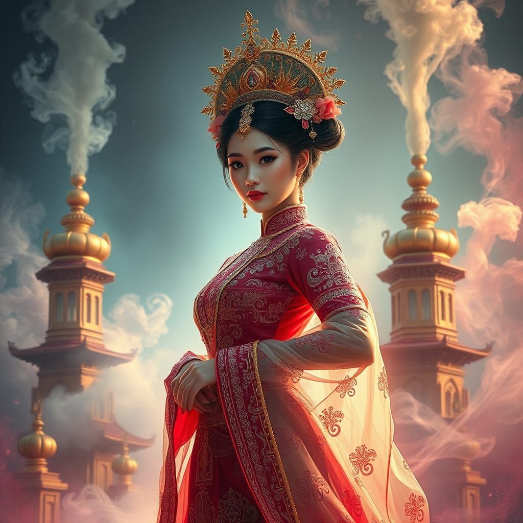 Woman in Baba-Nyonya Costume with Silver Smoke