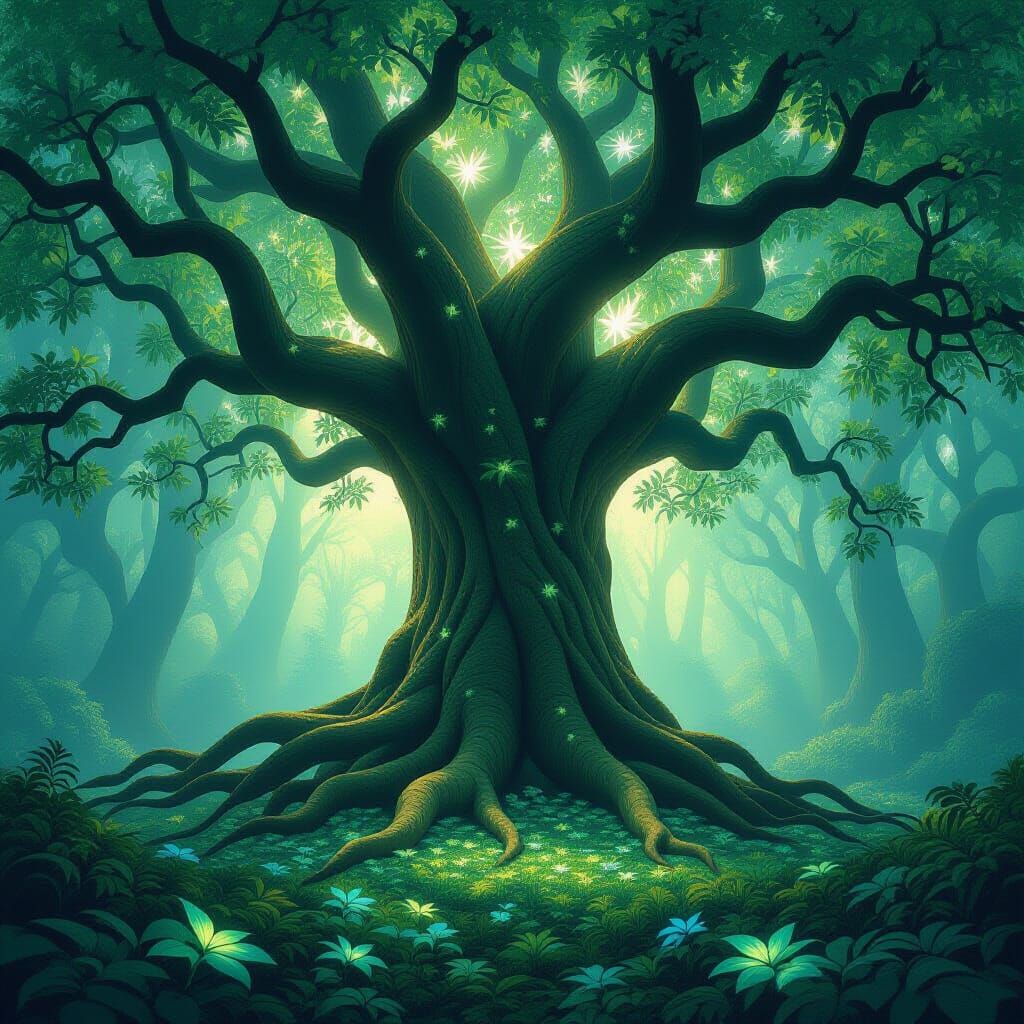 Ancient Tree with Ethereal Glow and Dreamlike Roots