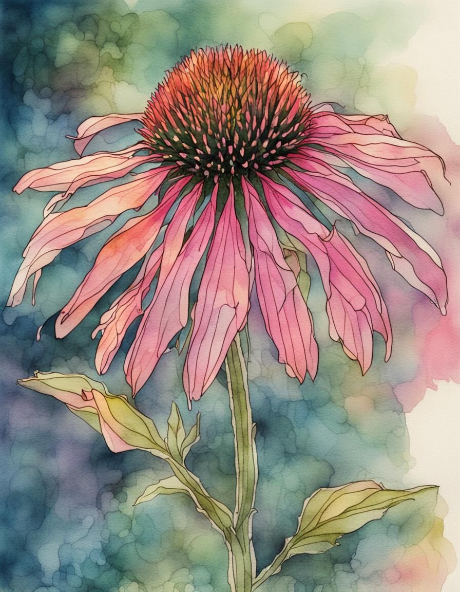 Iridescent Pink Coneflower in Watercolour and Ink