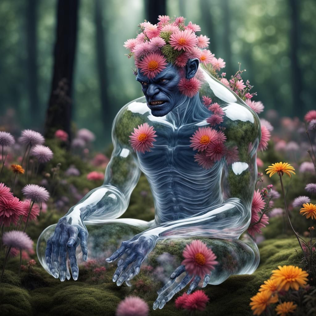 Transparent Glass Creature in Vivid Flower Forest