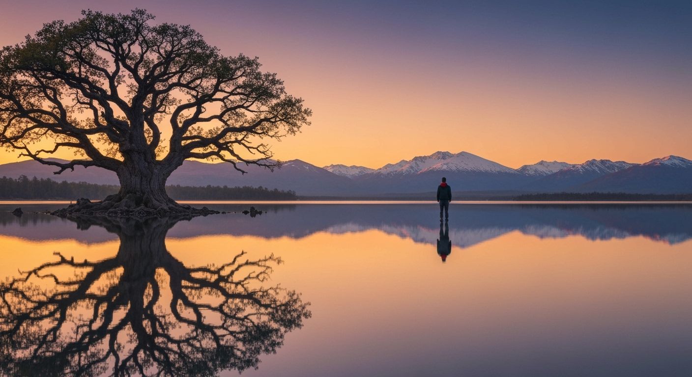 Ancient Oak Tree Reflected in Lake at Golden Hour