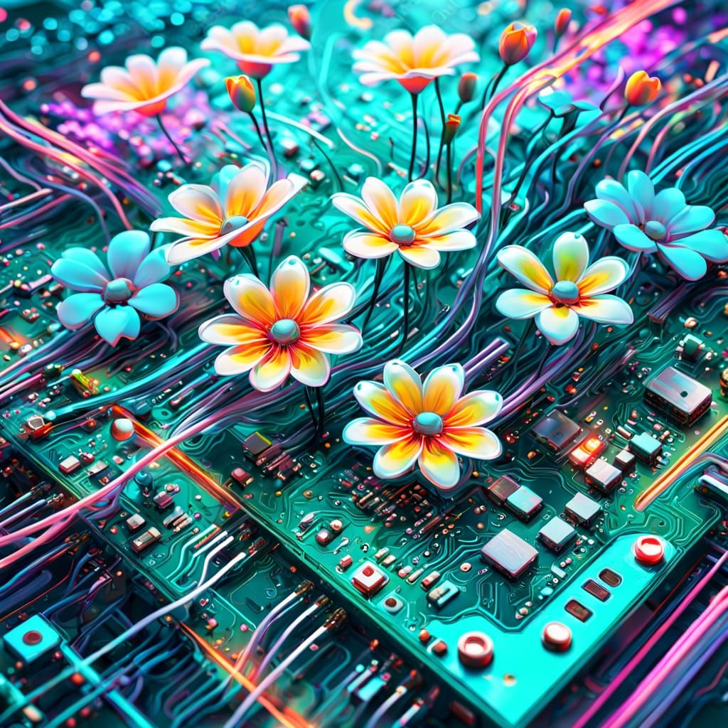 Surreal Circuit Board Merging with Flowers