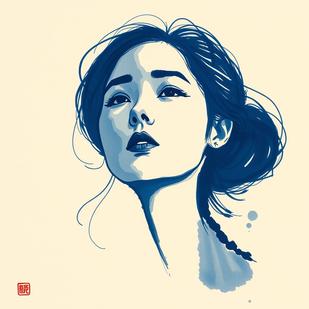 Blue Ink Portrait of Woman in Sumi-e Style