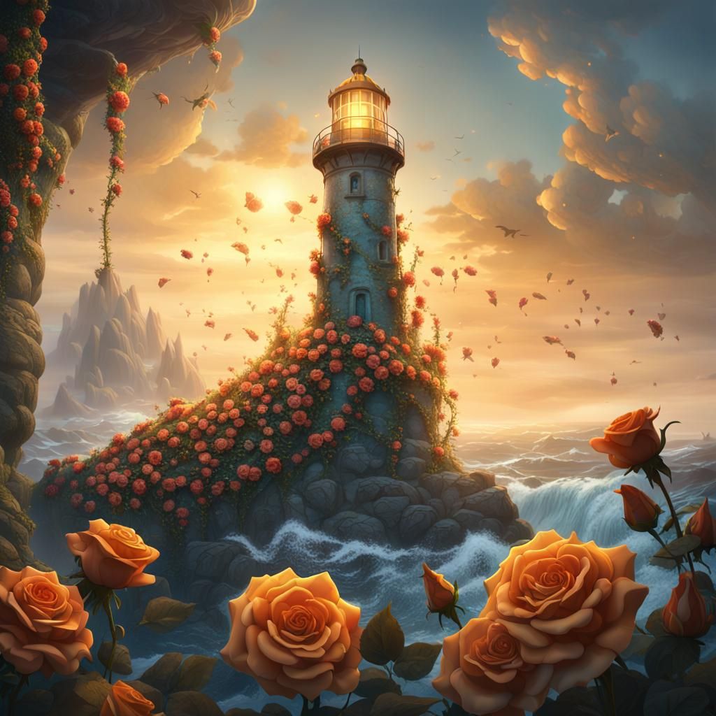 Roses Adorn Ancient Lighthouse in Detailed Matte Painting