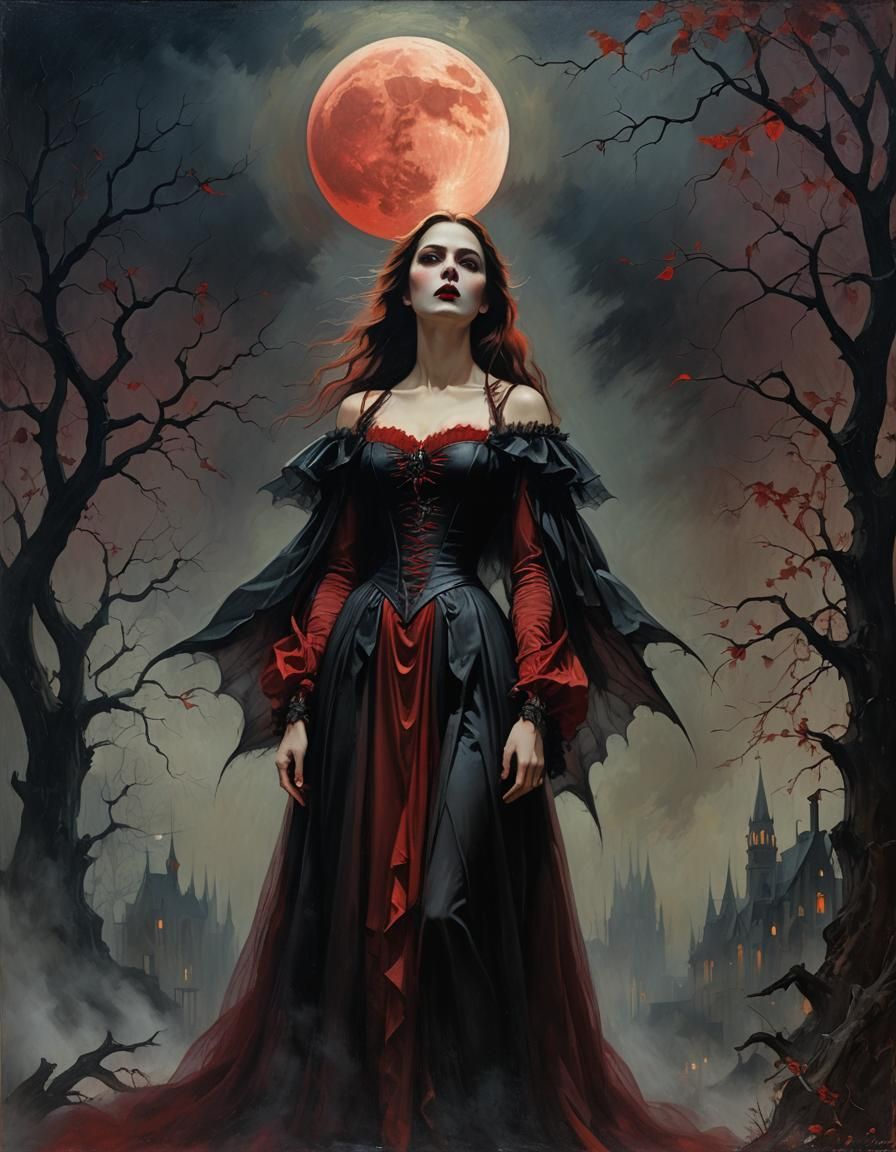 Gothic Vampire in Mist, Oil Painting Style