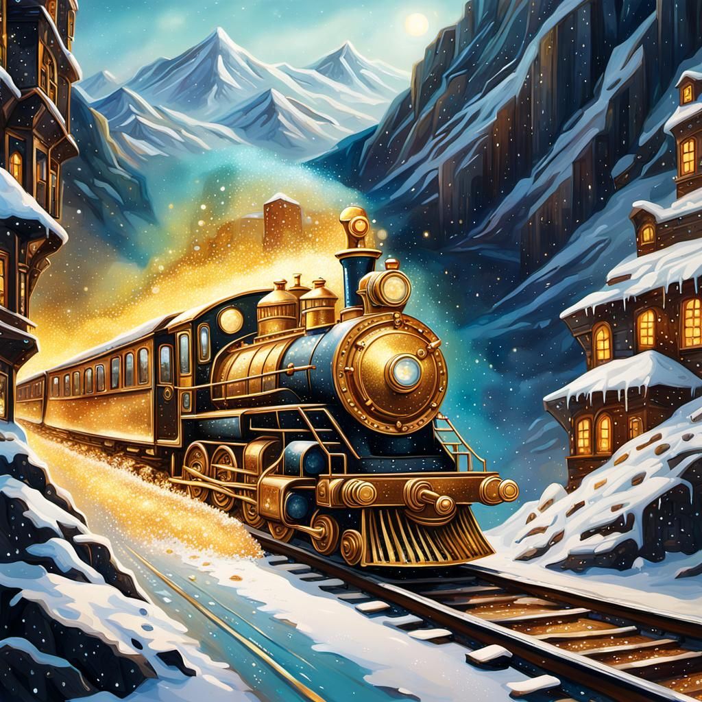 Steampunk Train in Golden Glitter Snowfall