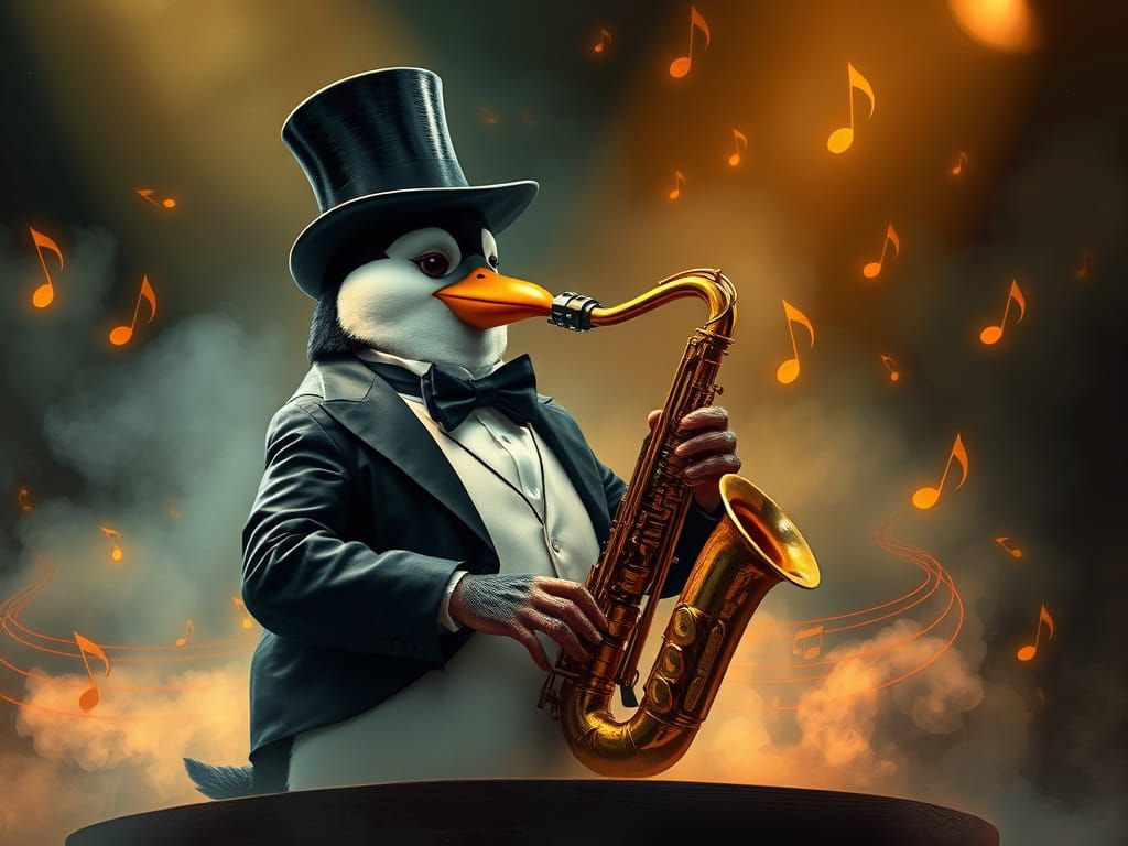 Penguin Jazz Saxophonist on Smoky Stage in Dreamy Style