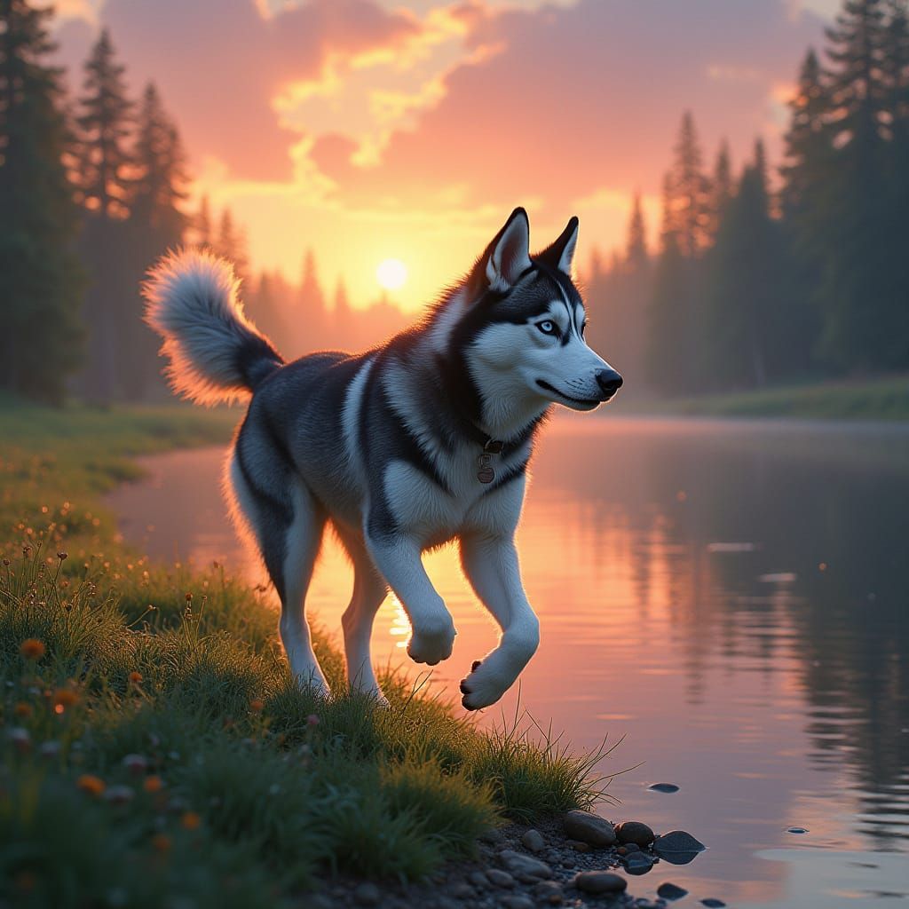 Siberian Husky Runs Beside Serene River at Sunset