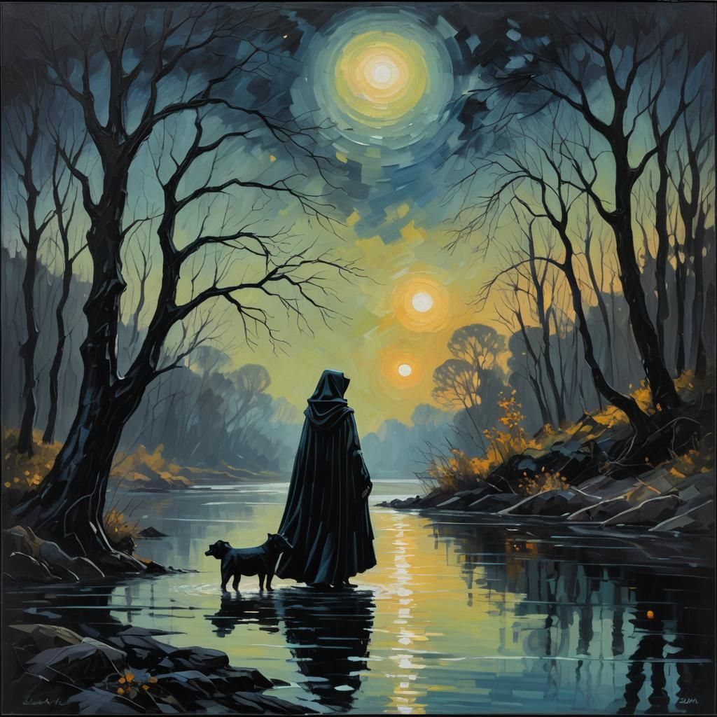 Woman and Dog at River's Edge in Neo-Impressionist Style