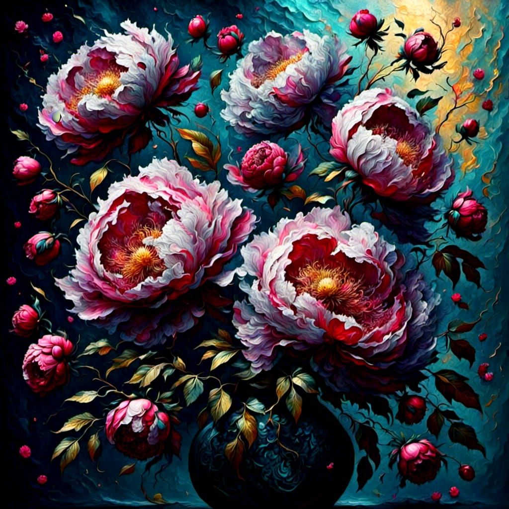 Whimsical Peony in Crackled Glass Vase as Impasto