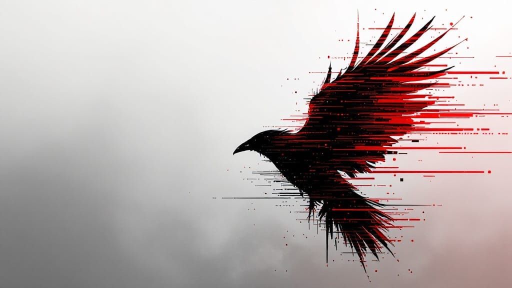 Glitch Art Silhouette of Raven in Flight