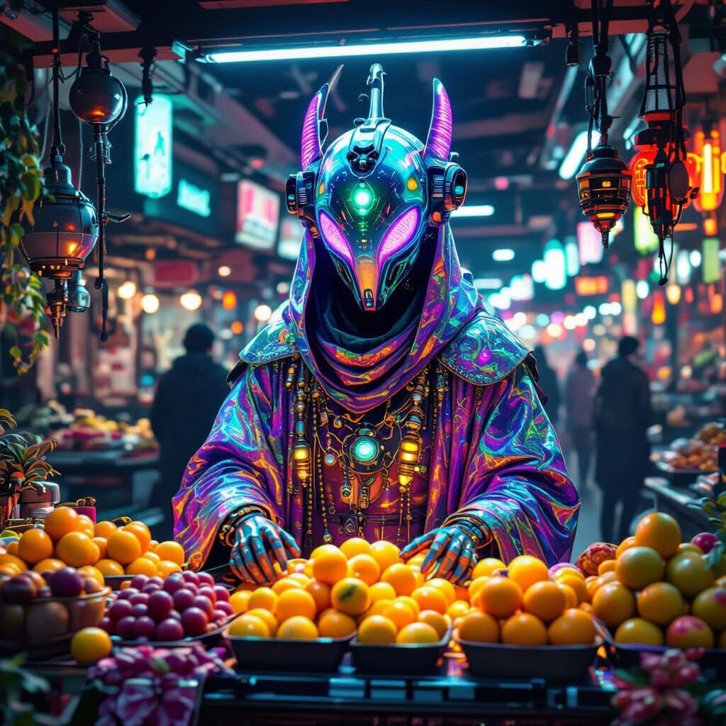Alien Vendor Selling Bioluminescent Fruit in Biomechanical S...