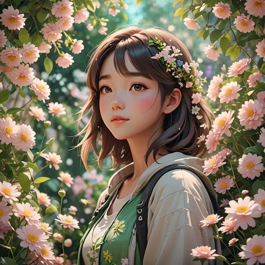 Happy Girl Smelling Flowers in Vibrant Anime Art