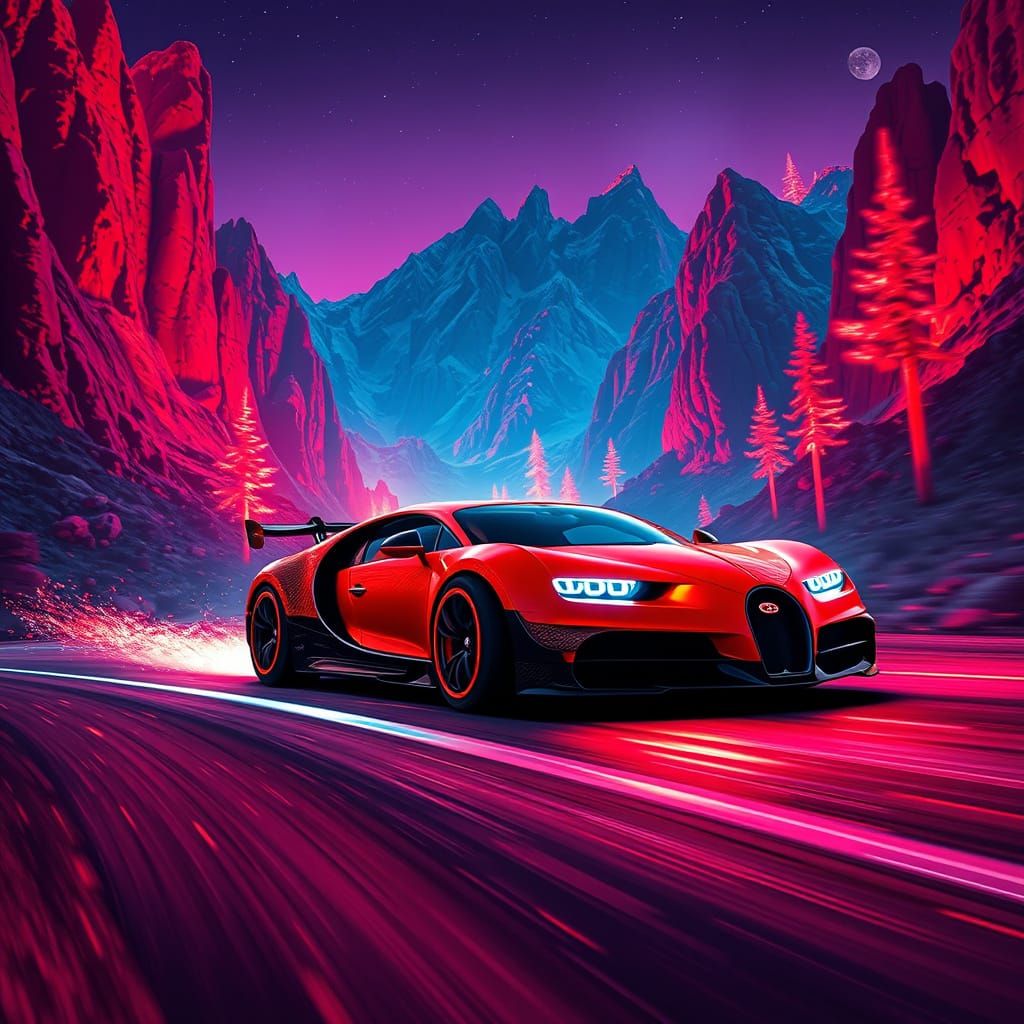 Bugatti Veyron Races Through Neon Cyberpunk Landscape