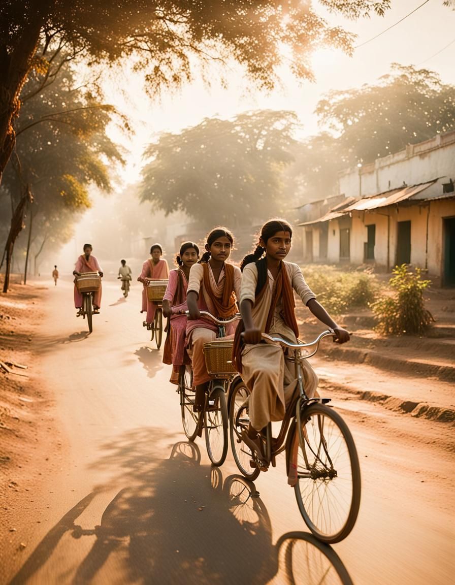Indian Girls Cycling to School in 80s, Film Aesthetic