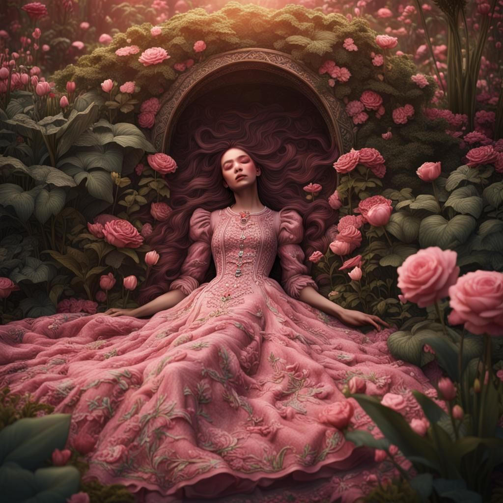 Surreal Woman Asleep in Garden of Human-Eyed Plants