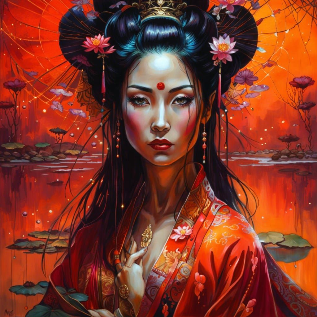 Geisha in Mirrored Reflection with Lotus Pond