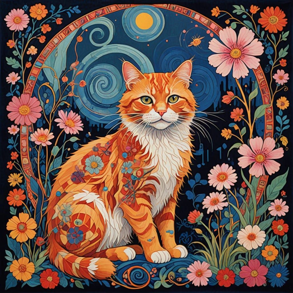 Anime-Style Needlepoint Landscape with a Fluffy Orange Cat