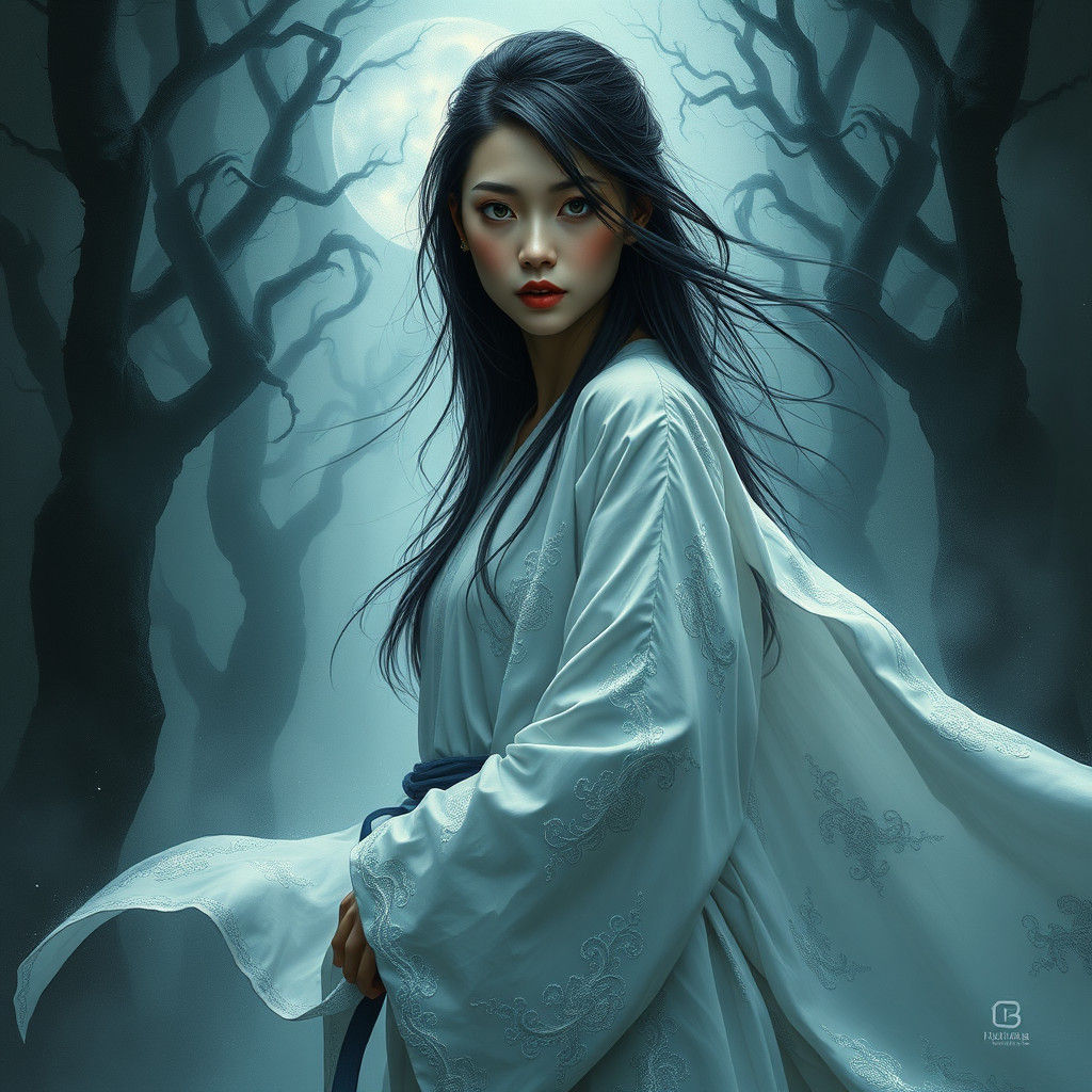 Jade-Eyed Woman in Misty Forest, Inspired by Ash Thorp