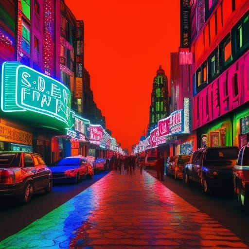 Neon Lit City Street in Detailed Digital Art