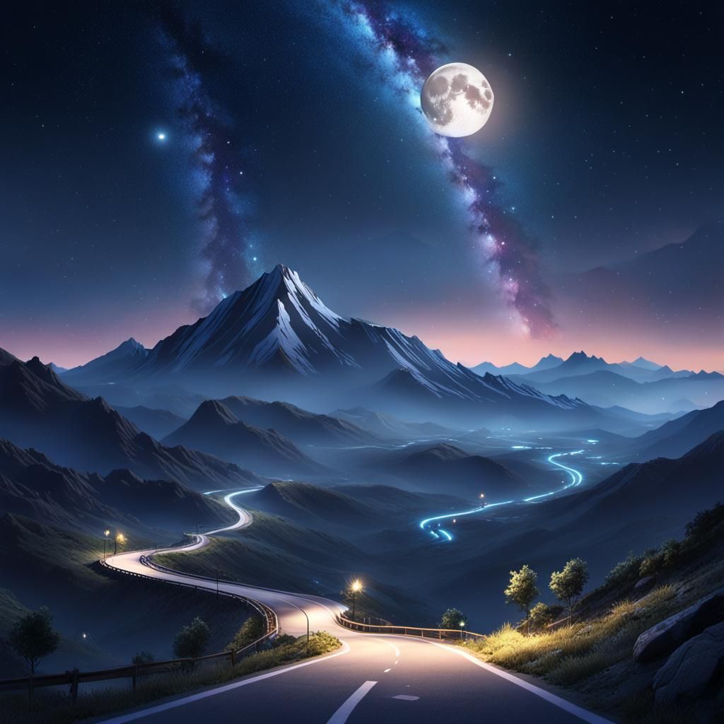 Night Mountain Road with Milky Way in Anime Style