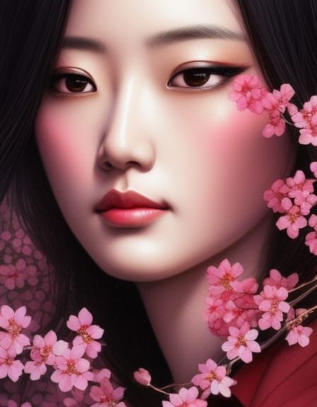 Gorgeous Japanese girl, with cherry blossoms finely detailed...