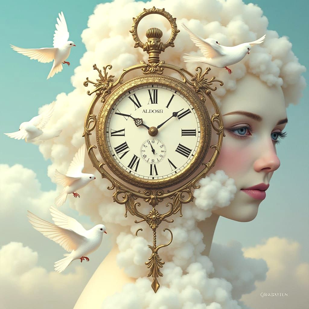 Gothic Timepiece Sails Through Ethereal Clouds