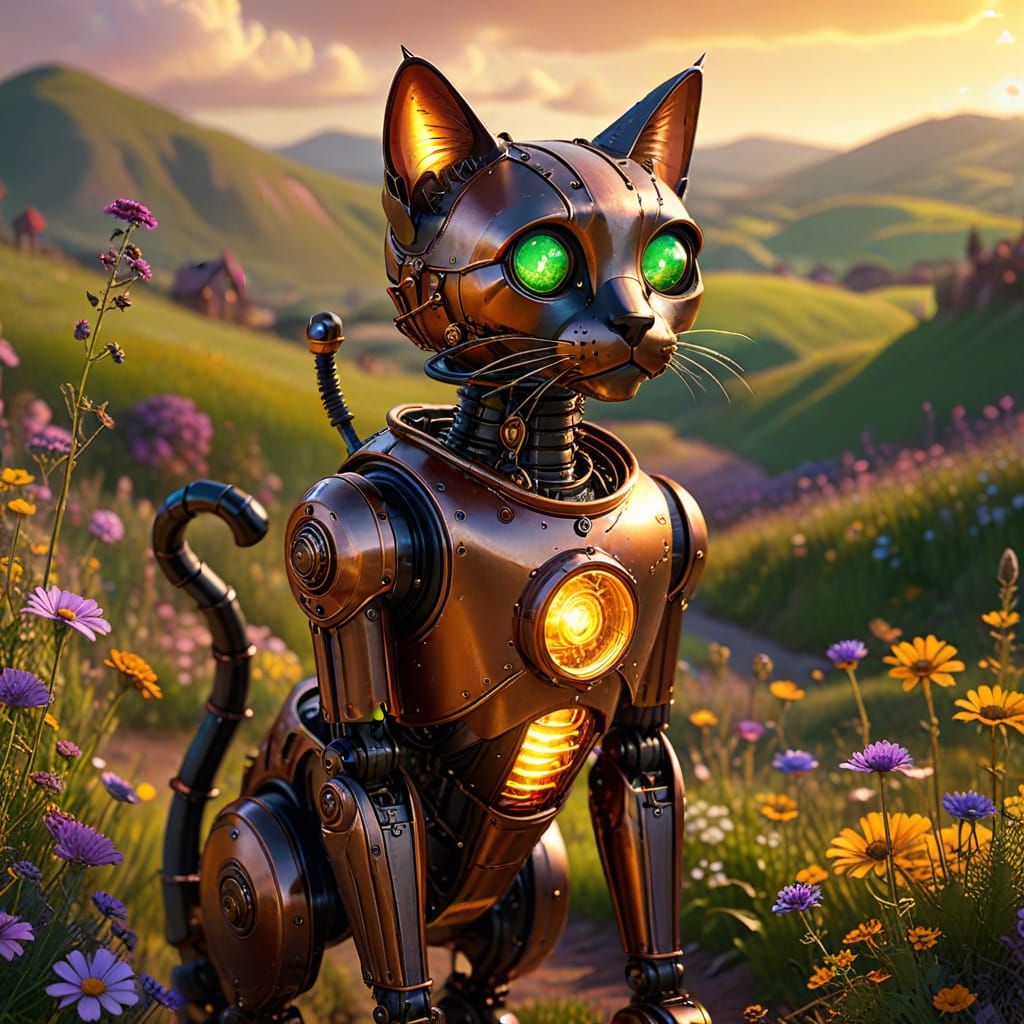 Steampunk Robot and Black Cat in Surreal Landscape